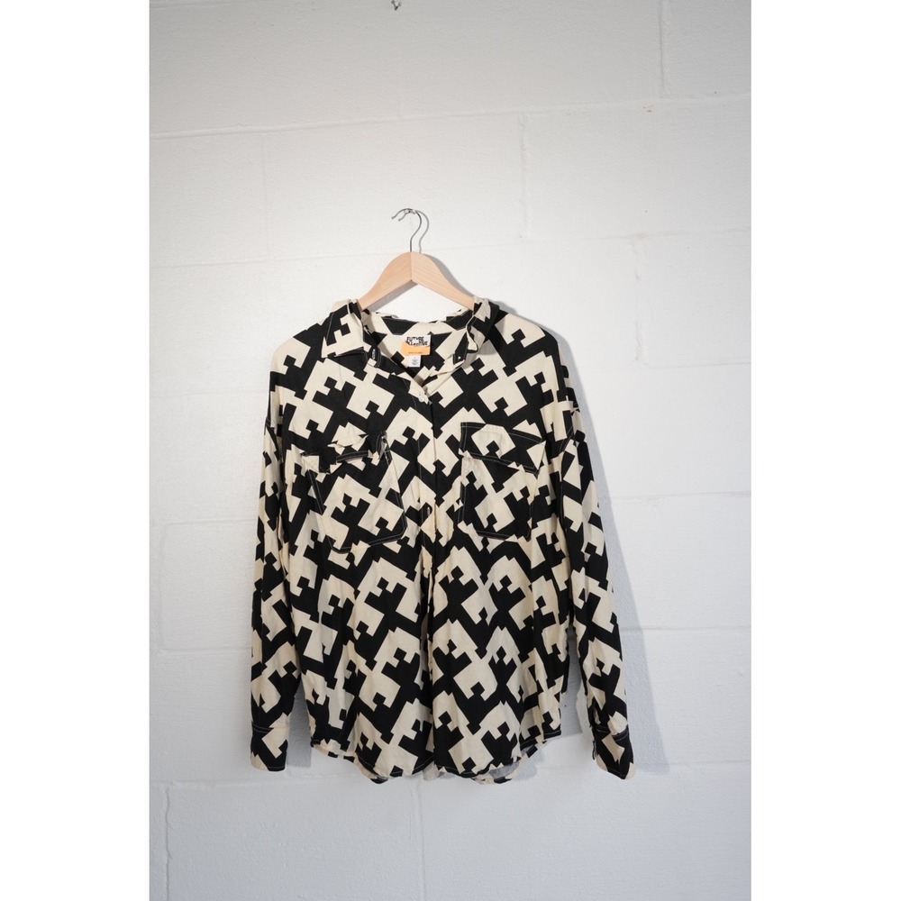 Future Collective Button Down Shirt Women Large Black Cream‎ Geometric Print